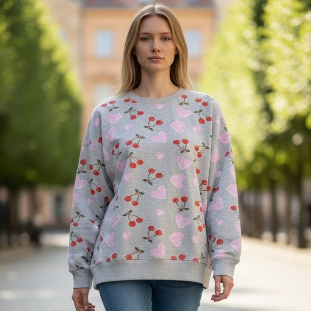 Zoe + Liv Gray Sweatshirt with Pink Hearts and Red Cherries